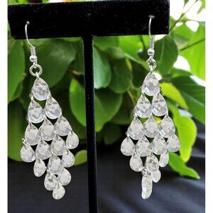 Clear Beaded Chandelier Dangle Earrings Silver Tone Cascading Drops